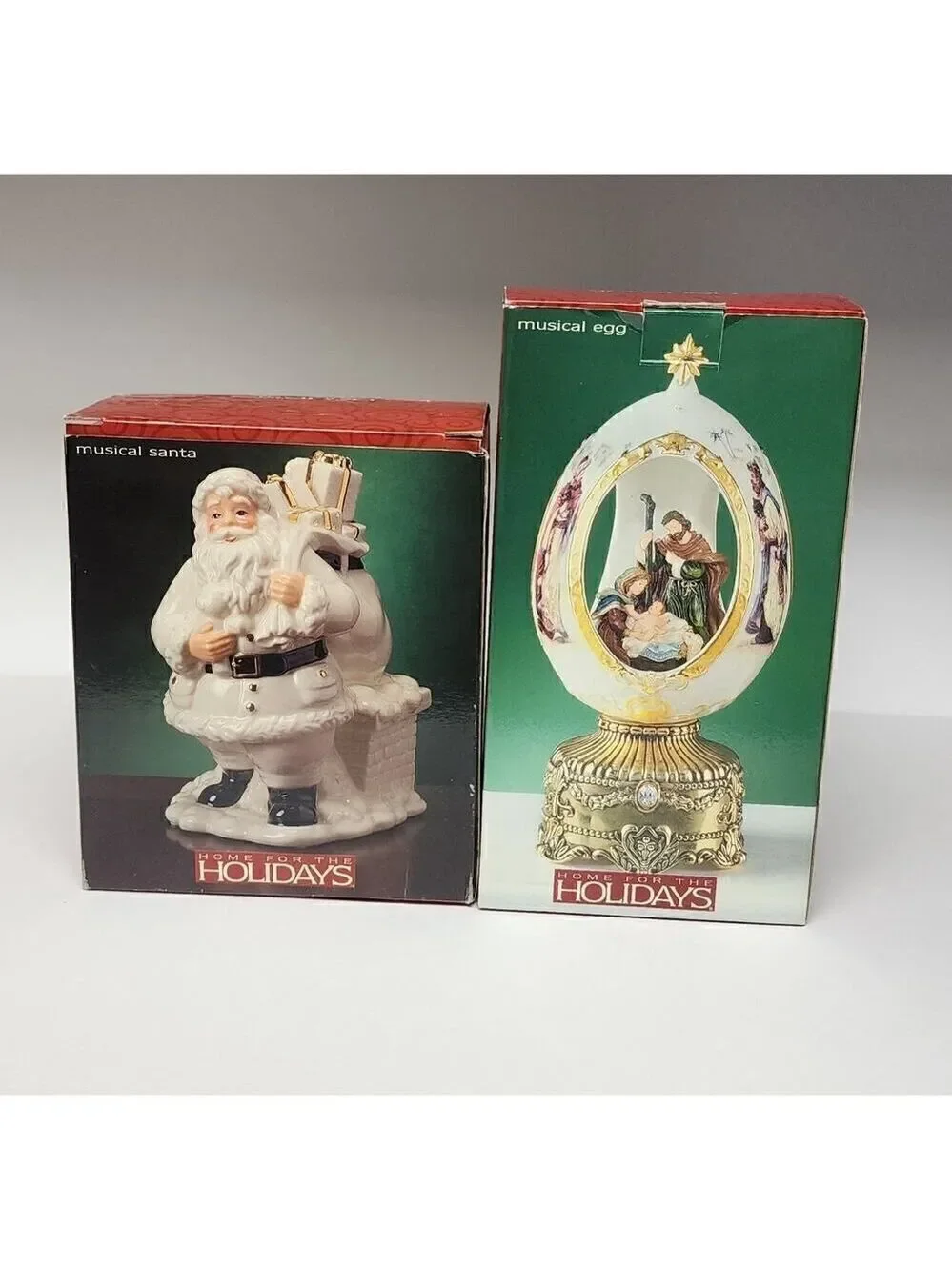 Home For The Holiday Porcelain Egg-Shaped Musical Box Revolving Nativity/Santa